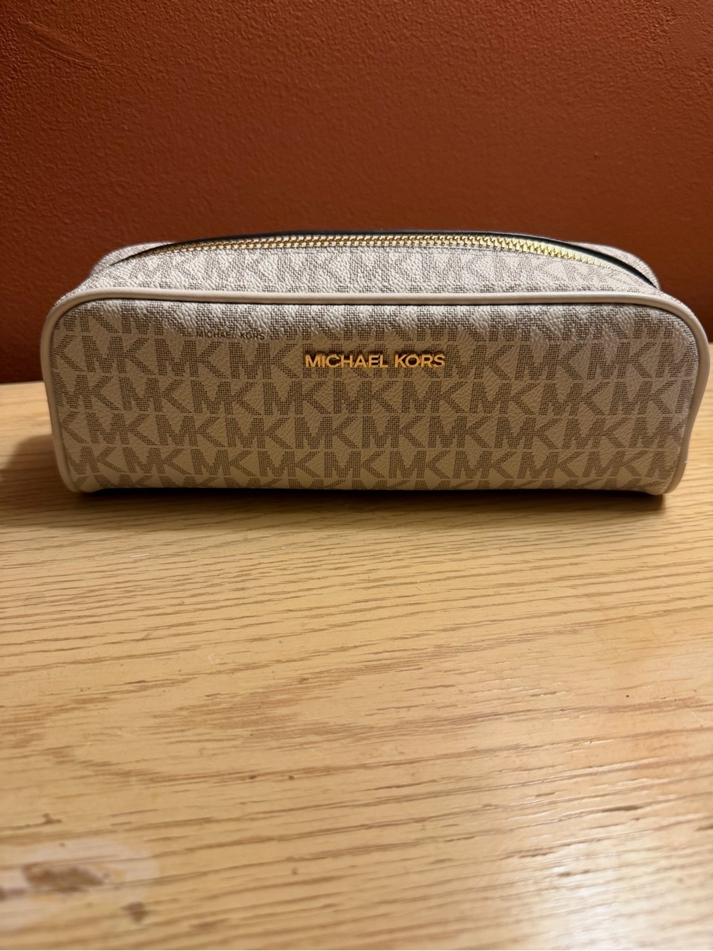 Michael Kors Cream and White MK Logo makeup brush Case with Gold Logo